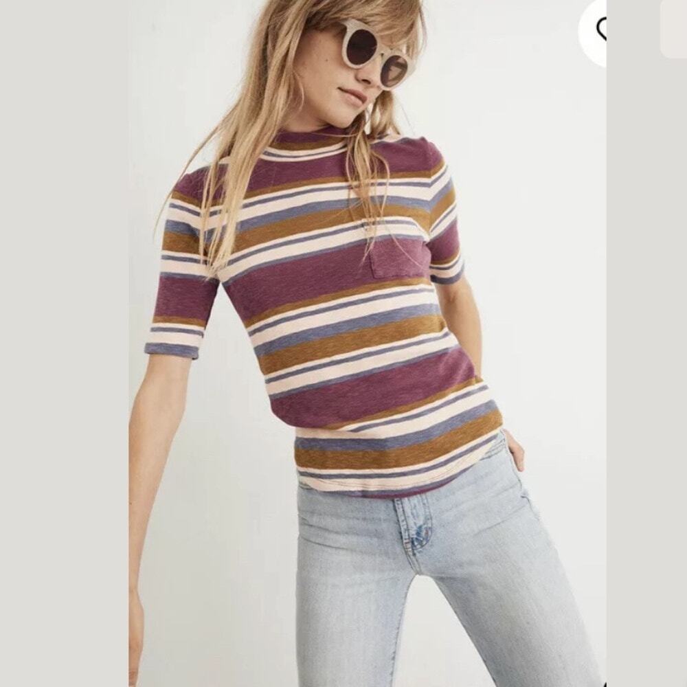 Madewell Purple Green Square Neck Short Sleeve Knit Top Women's Size Large